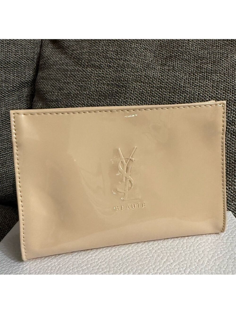 Yves Saint Laurent Beauty Small Beige Faux Leather Pouch Makeup Bag Authentic